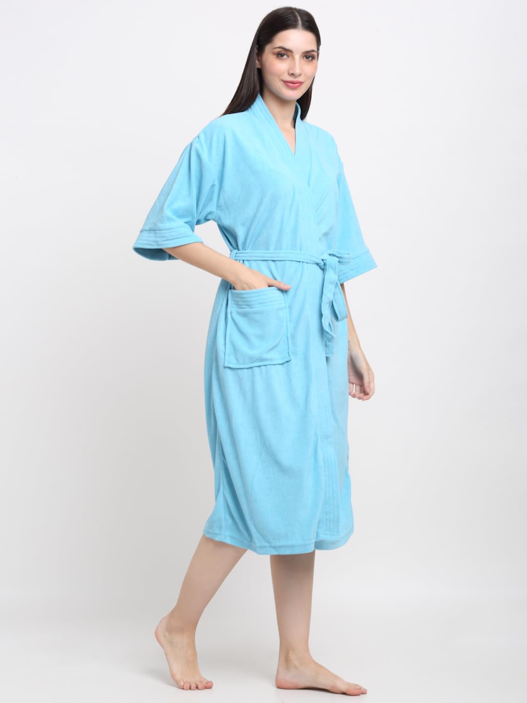 CREEVA Everyday Unisex Micro Terry Bathrobe Collection With kimono collar and 1 Pocket, 3/4 Sleeve Bath Robe Super Soft Light Weight - Ocean Blue - Image 2 thumbnail