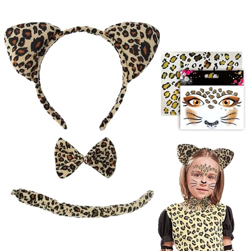 TUONYIS 5 Pièces Ensemble de Costumes Léopard Autocollants Visage Léopard Oreilles Leopard Queue Noeud Papillon pour Halloween Carnaval Costume Fête...