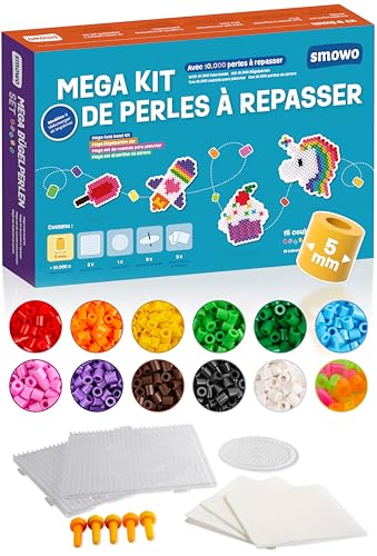 Smowo® Lot de 10 000 perles à repasser 5mm - 15 couleurs - Avec plaques et accessoires - XXL Pour bricolage
