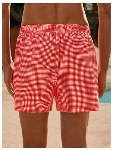 SHENHE Men's Gingham Plaid Swim Trunks Drawstring Hawaiian Surfing Beach Board Shorts3
