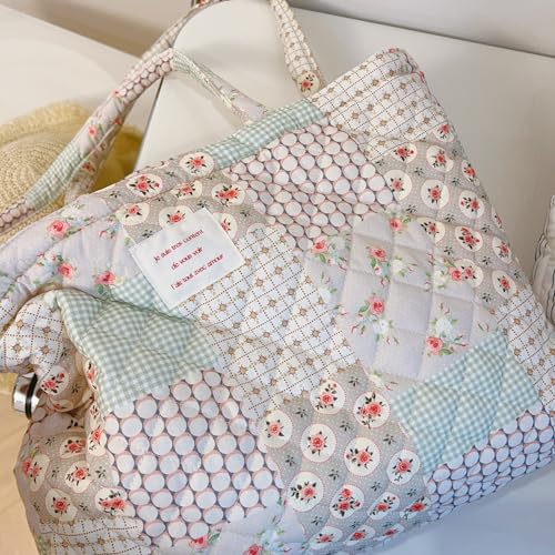 Image of Floral Quilted Cotton Shoulder Bag for Women Daily Use Medium Size Handbag Large Capacity Thickened Design Tote