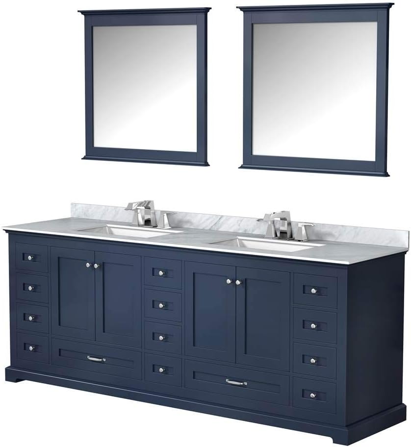 Dukes 84 in. W x 22 in. D Navy Blue Double Bath Vanity, Carrara Marble Top and 34 in. Mirrors