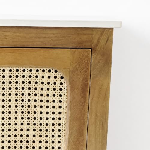 Image of The Attic Crestwood Solid Wood Two Door Sideboard Cabinet with Cane Doors | Storage & Display Cabinet for Living Room & Dining Room | Handcrafted Mango Wood, Light Teak Finish