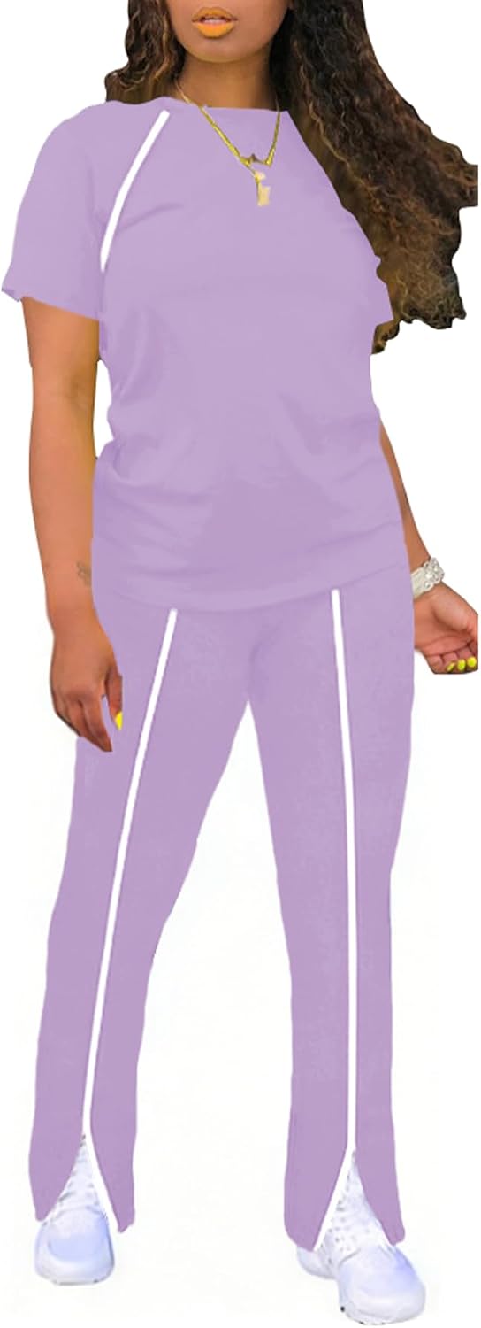 Ulovmi 2 Piece Outfit for Women Short Sleeve Casual Sweatsuit Flare Pants Set Loungewear Striped Tracksuit