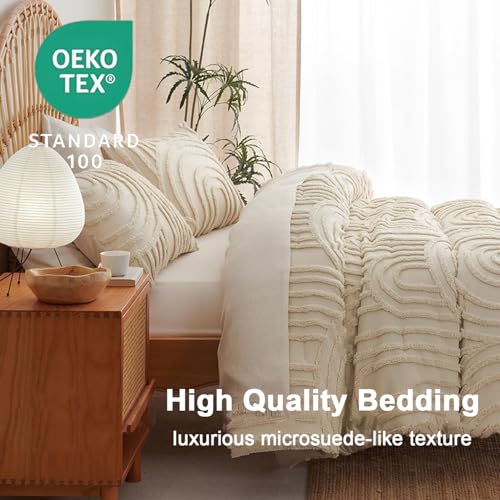 Image of Boho Tufted Comforter Queen Size Beige Geometric Tufted Comforter Set Bohemian Arch Tufted Bed Set 3 Pieces Shabby Chic Embroidery Soft Jacquard Bedding for All Seasons with 2 Pillowshams