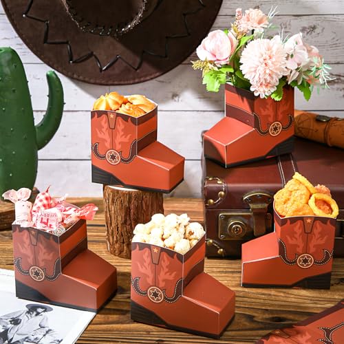 Image of Fullhawl 24 Pcs Cowboy Boots Paper Boxes Western Theme Party Decorations Favors Wild West Popcorn Boxes Boot Shape Bag for Cowboy Birthday Bachelorette Baby Shower Party Supplies(Brown)