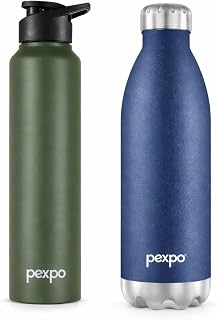 PEXPO Electro 1750ml - Denim Blue and Chromo 950ml - Military Green Stainless Steel Water Bottle ISI Certified | for Home,... Price In India