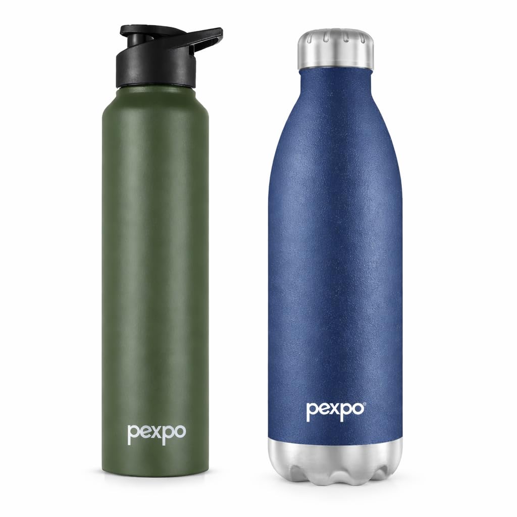 PEXPO Electro 1750ml - Denim Blue and Chromo 950ml - Military Green Stainless Steel Water Bottle ISI Certified | for Home,...