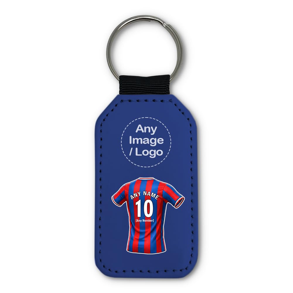 UNIGIFT Personalised Gift - South London Football Fan Blue Rectangle Keyring (Red and Blue Stripes Jersey Design) Custom Name Keychain - Croydon SE25 Club