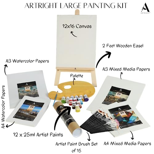Image of Professional Painting Kit 110pcs, Combo (2 Feet Easel + Mix Paintbrush Set of 15 + Wooden Palette + 12x16 Canvas + 12x25 Paint Set + 80 A3 & A4 Mixed Media Papers & Watercolor Papers)