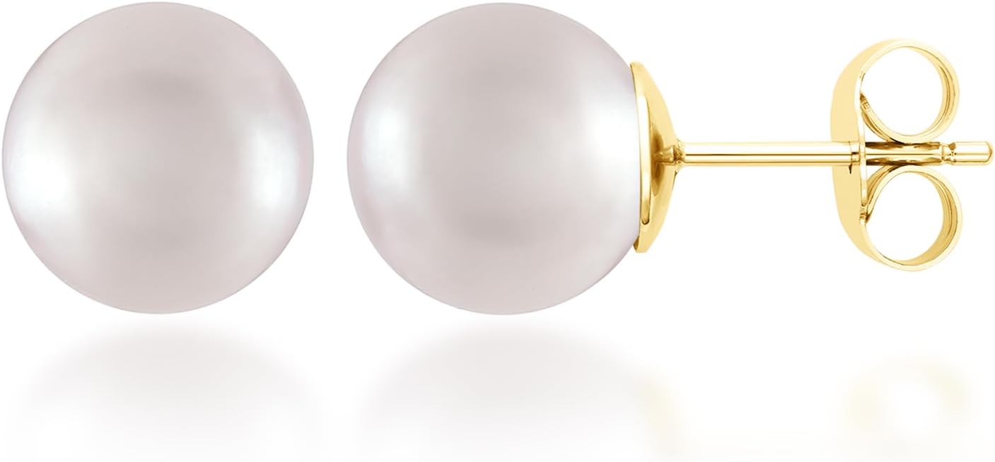 Belacqua AAA Quality Cultured Freshwater Pearl Stud Earrings in 10K Yellow Gold, Round Pearls, 5mm to 11mm Size, Push Back Clasp, Real Pearl Jewerly for Women, Gift Box Included