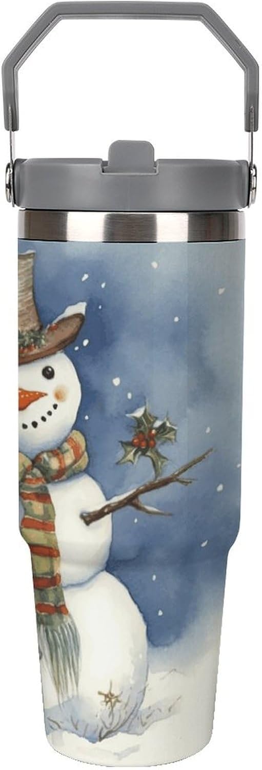 Winter Snowman Water Bottle 30 Oz Fits Car Cup Holder,Insulated Coffee Mug Large Capacity Car Cups,Stainless Steel Double Wall Sport Bottle for Travel Sports Gym