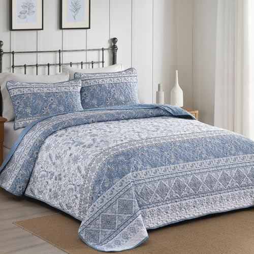 Yiran Blue Boho Quilt Set King Size Striped Bedspread Floral Bedding Set 3 Pieces Soft Microfiber Quilt with 2 Pillow Shams 104