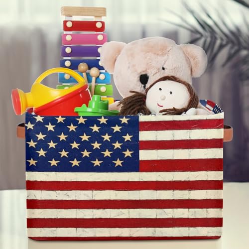 Image of Usa Flag Storage Baskets for Organizing, Fabric Collapsible Storage Bins Box Vintage American Flag Decorative Toy Organizer Baskets for Closet Shelves Gift Basket 2Pcs
