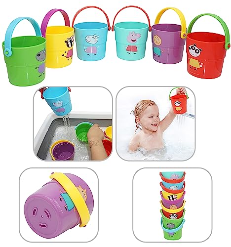 6Pcs Pepa Pig Stackable Bath Cups Set Early Education Toys Gift 11.5cm Mini Buckets with Handle and Holes Water or Sand Play Buckets for Kids 12+M