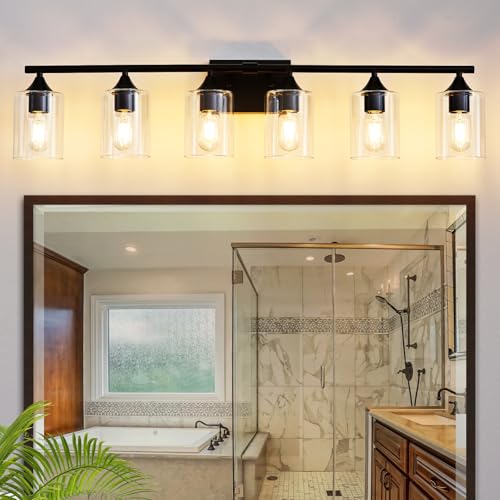 Image of 6-Light Matte Black Bathroom Light Fixtures, Over Mirror with Clear Glass Shade, Wall Light Sconce for Vanity Table, Hallway