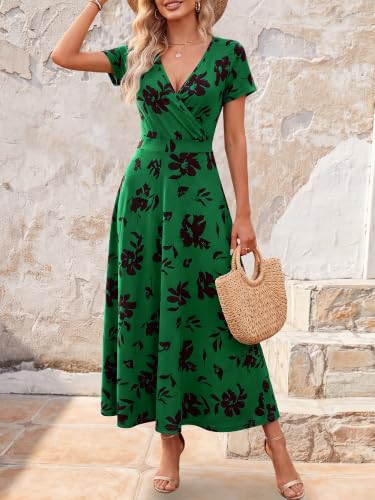 Image of HUHOT Women's Short Sleeve Wrap V Neck Dresses for Wedding Guest Summer Floral Maxi Sundresses with Pockets Boho Dress