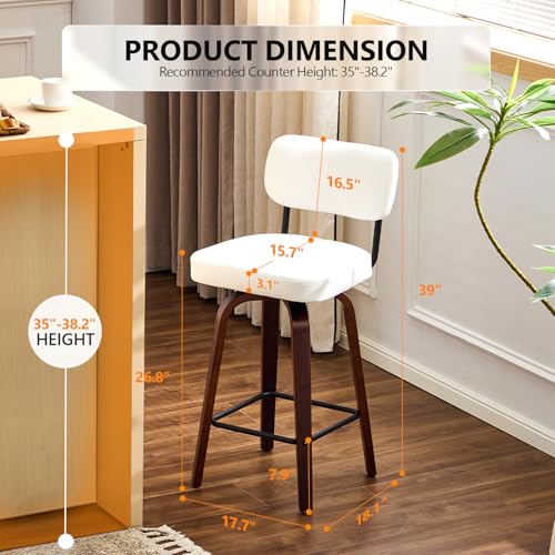 VINGLI Butaco Moderno para Bar, Giratorio 360°, Tapizado en Cuero Sintético PU, Patas de Madera Sólida, Blanco, Pack de 2 miniatura 2