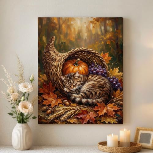 Cuadro de arte otoñal con gato y calabazas rústicas para decoración de casa