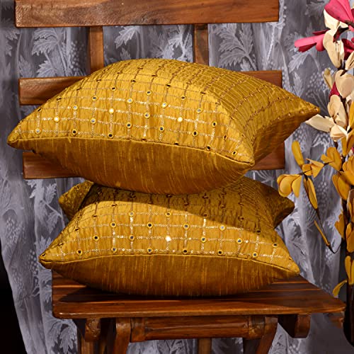 Image of Mustard Decorative Cushion Cover 20x20 inches Set of 2, Gold Sofa Pillow Covers, Silk Embroidered Cushion Covers with Mirror Work
