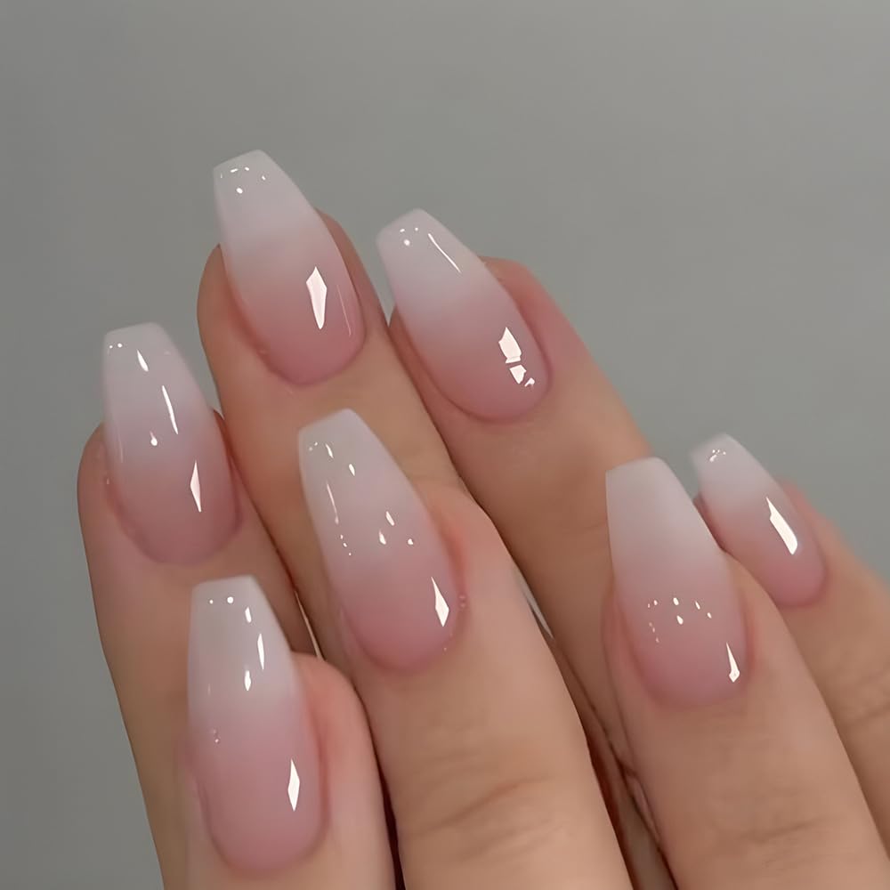 Nude Pink Press on Nails Square Medium Coffin Fake Nails White False Nails Gradient Stick on Nails Full Cover Glossy Repeatable Glue on Nails Acrylic