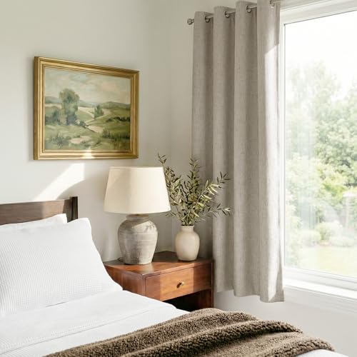 Image of NICETOWN Linen 100% Blackout 48 inch Curtains for Bedroom, Grommet White Liner Composite Window Treatments Sound Dampening Thermal Drapes Home Decor for Cafe, Beige, 2 Panels, W52 x L48