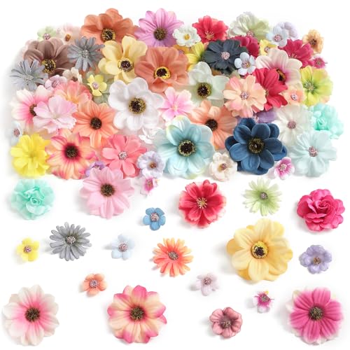 GAATEEK 90 Pcs Mini Artificial Silk Flower Heads - Multicolor Peony, Daisy, Rose Floral Appliques for Spring Summer Crafts | DIY Wreath Accessories for Wedding/Home Decor/Party/Graduation Cap
