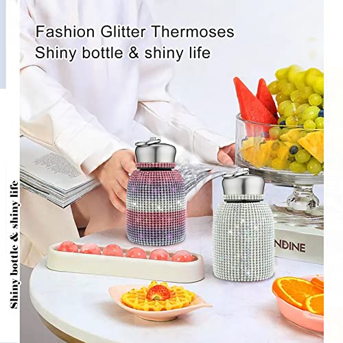 Tmore Glitter Rhinestone Water Bottle Bling Diamond Stainless Steel Thermal Bottles 9.47Oz/280Ml Sparkling Refillable Insulated Vacuum Thermoses With Chain (Silver) #TOP1