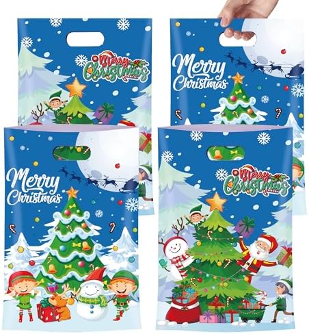 40 Pcs Happy Christmas Treat Bags With Handles - Assorted Goodie Bags for Trick-or-Treat, Party Favors - Cute Santa, Tree, Snowman Designs for Classroom Decorations