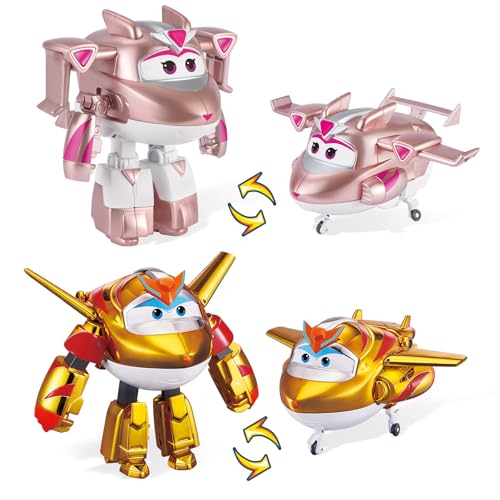 Super Wings Transformable Toys Playset, 5 in Golden Boy and Golden Girl Airplane Transforming Figures Toys Set, 2 in 1 Mode Rescue Bots Toy for 3-5 Year Old Boys Girls Toy for Toddlers Kids Age 3-5