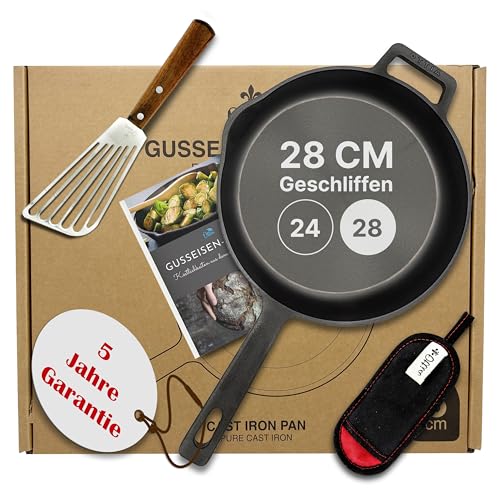 Ottia Gusseisenpfanne Induktion 28cm mit eKochbuch, Pfannenwender, Hitzeschutz - geschliffene Pfanne Gusseisen, Eisenpfanne, Cast Iron Pan, Gusspfanne, Gusseiserne Pfanne, Gusseisen-Pfanne, Gusspfanne