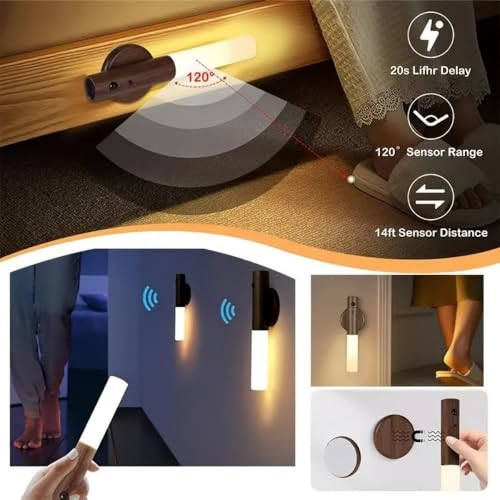 Image of Rechargeable Motion Sensor Night Light, Magnetic Portable BedsideLight, Battery Powered LED Wall Light, Wireless Stair Light for Bathroom, Hallway, Bedroom(Walnut Wood 2PCS)