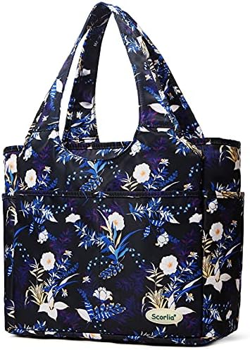 Scorlia Insulated Lunch Shoulder bag, Extra Large Lunch Tote Handbag, Durable Reusable Cooler Ladies lunch Box Bag with Side pockets, Tall Drinks Holder for Women Men Work, Blue flower