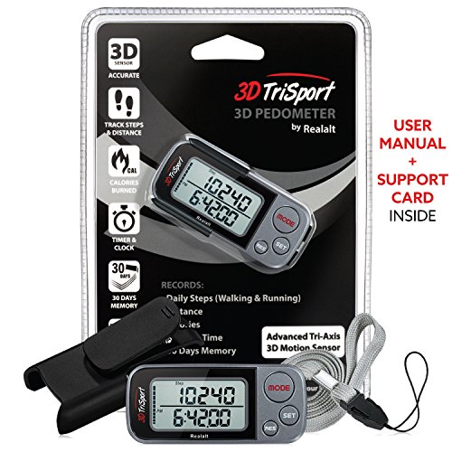 Image of 3DTriSport Walking 3D Multi-Function Pocket Pedometer, Clip and Strap with E-Book (Black / Grey)