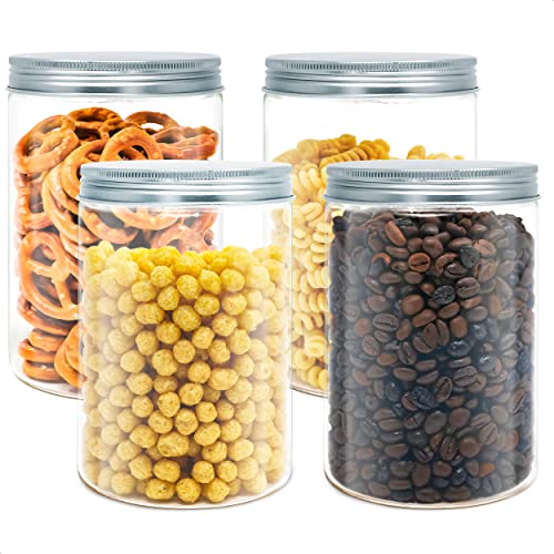 LG Luxury & Grace Pack 4 Botes de Polietileno para Cocina 1,1 L (15x10cm). Tarros de Plástico Rellenables con Tapa de Aluminio Enroscable para Almacenamiento de Pasta, Chuches, Legumbres. Sin BPA.