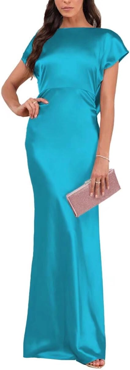 Satin Cap Sleeve Wedding Guest Dresses for Women Mermaid Cowl Back Cocktail Dress Elegant Ruched Waist Evening Long Dress