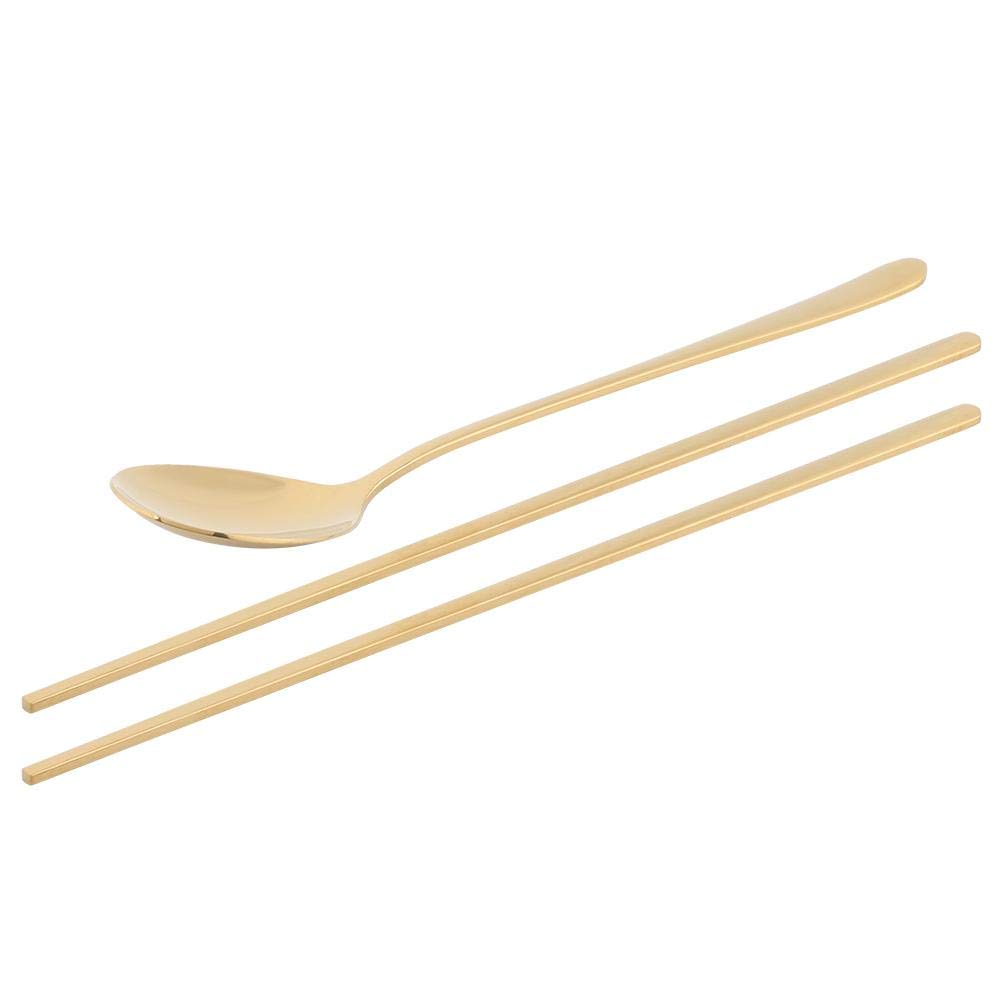 Korean Stainless Steel Spoon Chopsticks Set, Flatware Silverware Tableware Set Long Handle Gold Rose Color(Gold)