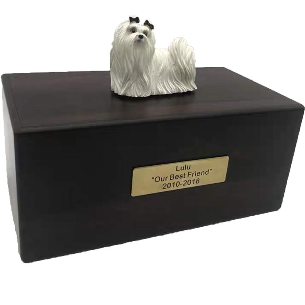Personalized Rosewood Custom Dog & Cat Ashes Urn with Statue Customisable Engraved Nameplate for Pet Name and Date Custom Pets Box Cremation Funeral Keepsake Urns for Dogs Cats Memorial Ashes,Maltese