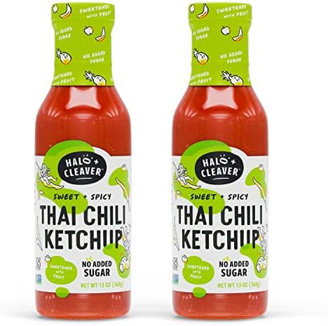 Spicy Ketchup by Halo and Cleaver (2 Pack) - Keto Ketchup with a Kick of Heat from Thai Chili Peppers | Whole 30 Sweetened with Fruit | Spicy and Sweet Thai Chili Sauce with No Sugar Added | 13 oz bottles