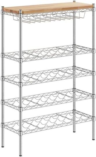 Wine Rack with Hardwood Top, 14x36x54 Inch, Chrome Metal Wire, 32-Bottle Capacity, 4 Shelves, 6 Stemware Holders