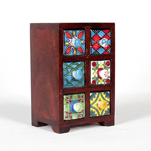 Image of 6-Drawer Wooden Chest | Handcrafted Mini Storage Organizer with Assorted Ceramic Drawers | Traditional Indian Design for Home, Kitchen, Office - 13.75x12x18 cm