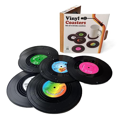 6-Pack Vintage Record Silicone Coasters - 10cm Non-Slip Drink Mats - Waterproof & Stain-Resistant - Retro Music Decor for Home, Bar, Restaurant - Unique Gift Idea