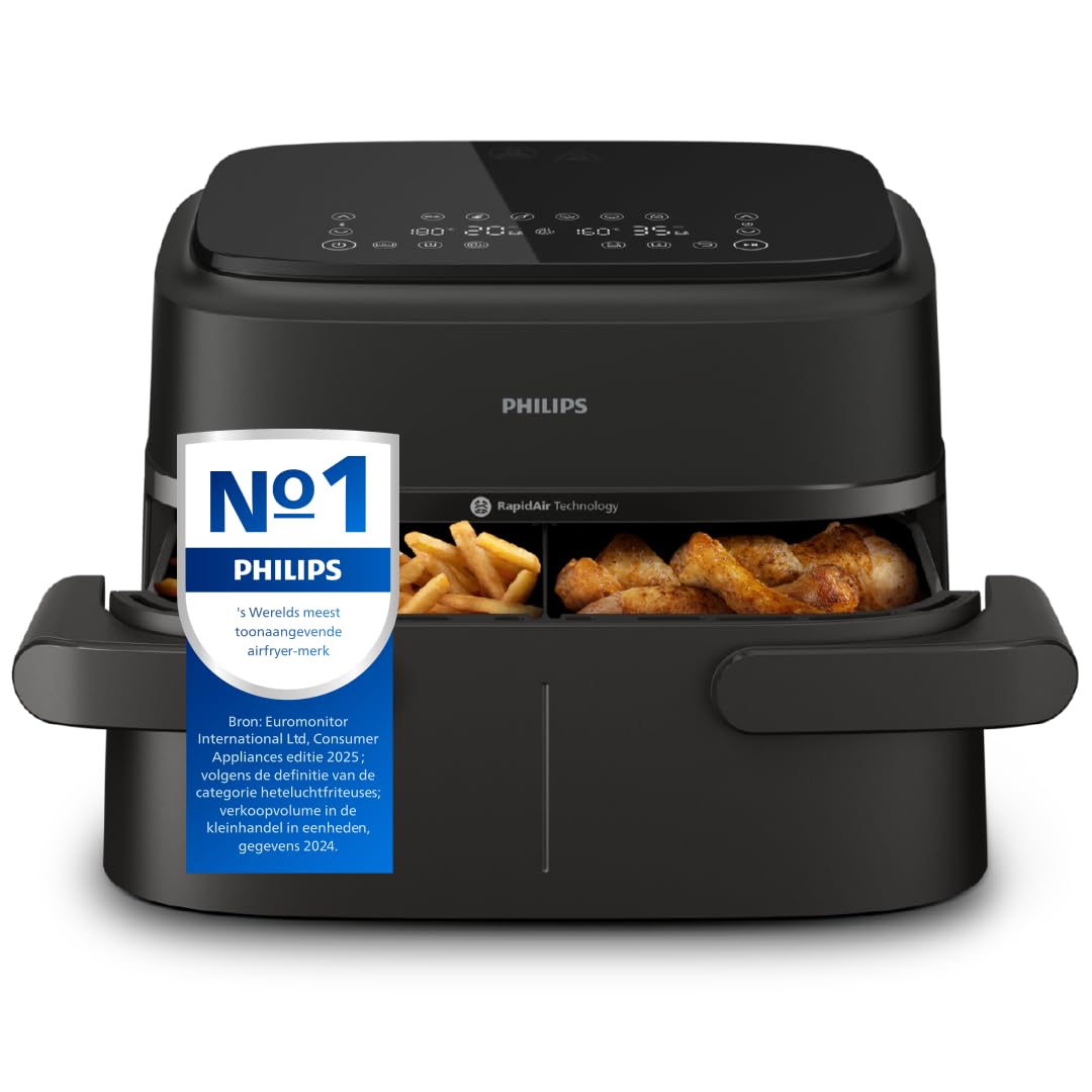 Philips Airfryer 1000 Serie met twee manden: capaciteit van 7,1 liter, RapidAir-technologie, 10 manieren om te koken, 90% minder vet, compact ontwerp, HomeID-receptenapp (NA154/00)