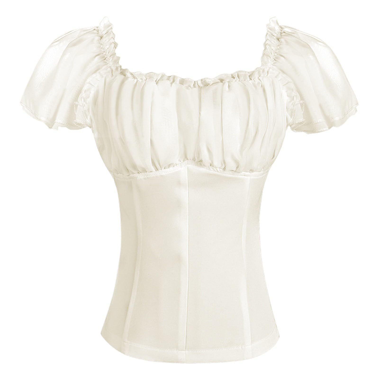 GMQWRK Women's Square Neck Shirts Elegant Puff Sleeve Cropped Tops Vintage Ruffle Frill Trim Slim Fit Crop Shirt Medieval Renaissance Blouse Teen Girl Halloween Costume Top for Corset Belt Beige