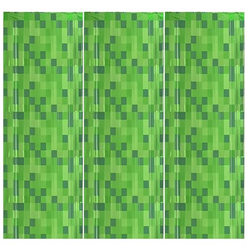 Image of Calmi 3 Pack Green Foil Fringe Curtains Pixel Birthday Backdrop, 3.3x6.6ft Video Game Door Streamers for Boys Girls Gaming Birthday Party Decorations Supplies