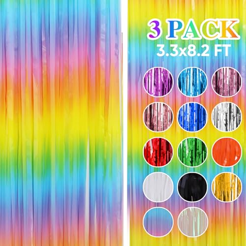 DECOCKRAT 3 Pack Foil Fringe Backdrop, 3.3x8.2 Feet Tinsel Curtains, Pastel Rainbow Party Decor Steamers, Fringe Backdrop Curtains for Birthday Graduation Christmas Theme Party Decorations