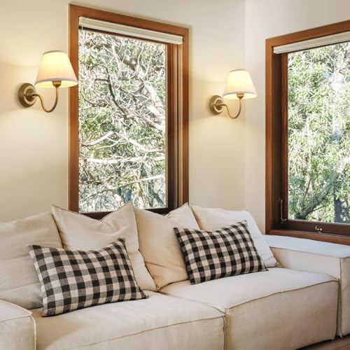 Image of Vintage Curved Arm Fabric Wall Sconce with Linen Cloth Shade, Hardwired Indoor Single Sconce Light Wall Mounted Lamp for Bedroom Living Room Stairs Hallway