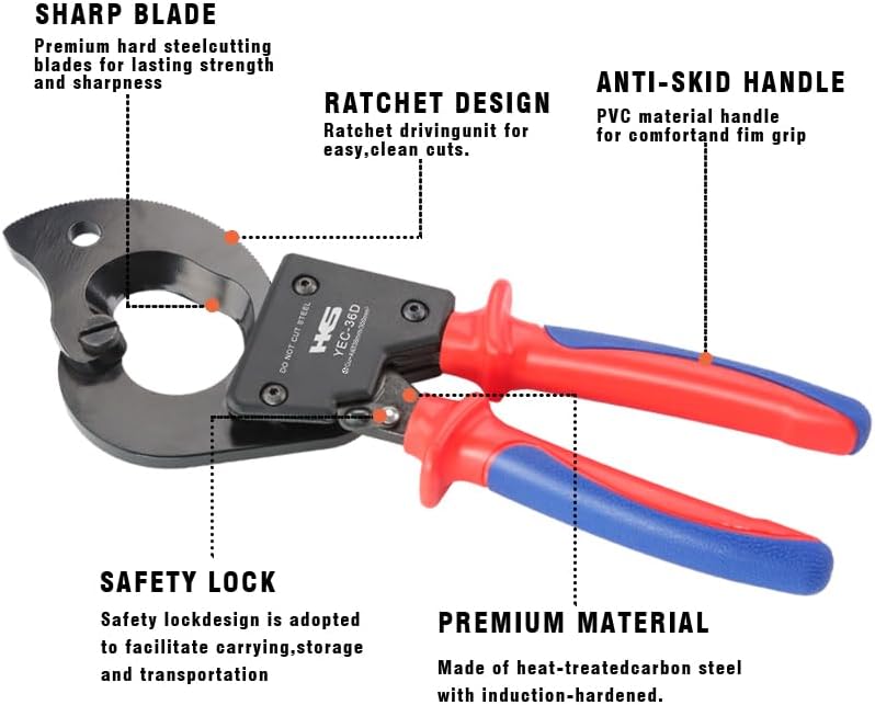 Miniatura 2 de HKS Cortador de alambre de cable de trinquete resistente para cortar cables eléctricos de cobre de aluminio y múltiples núcleos de hasta 300 mm (AWG