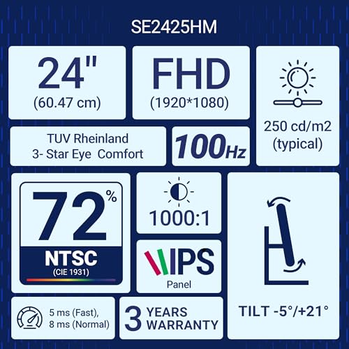 Image of Dell SE2425HM 24 inch /60.96cm FHD Monitor, Ultra-Thin Bezels, 100Hz IPS Panel, 5 ms Response, Contrast 1000:1, Tilt Adjust, HDMI, VGA, Warranty 3 Years, Comfortview Plus, TUV Rheinland 3-Star Eye Comfort