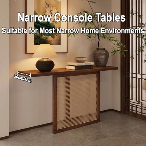 Mesa consola de madera maciza noble y frontal de ratán natural 7